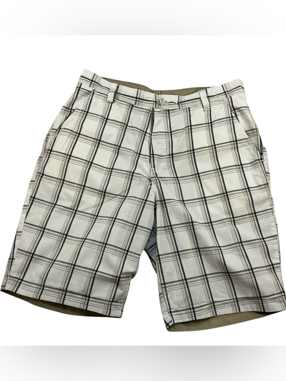 Reversible Old Navy White, Black & Tan Plaid Men’s Flat Front Shorts Sz. 31
